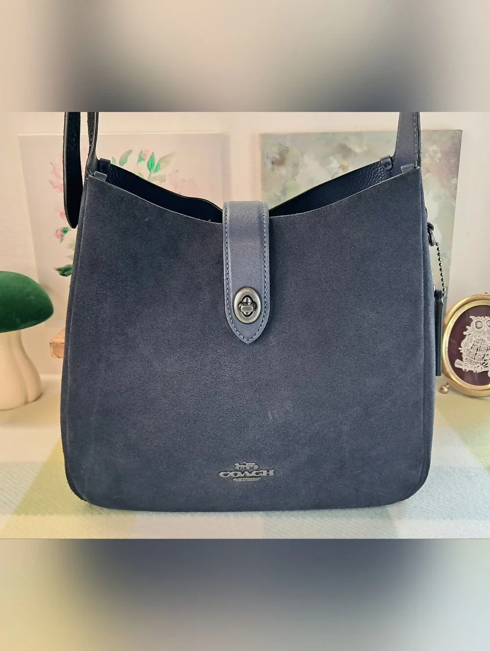 Coach CW004 Hadley Convertible Crossbody Bag Navy Blue Suede Leather